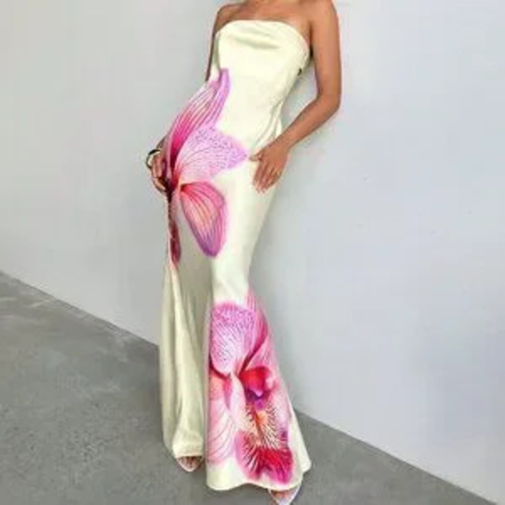 Yellow Elegant Women's Off-Shoulder Satin Maxi Dress with Flower Print